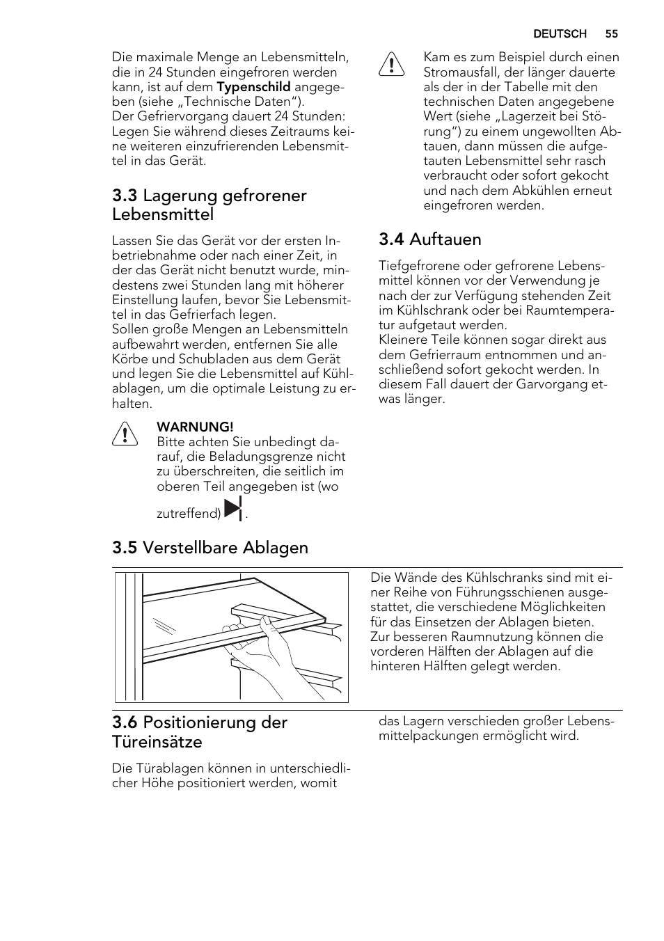 3 lagerung gefrorener lebensmittel, 4 auftauen, 5 verstellbare ablagen | 6 positionierung der türeinsätze | AEG SKS81040F0 User Manual | Page 55 / 68