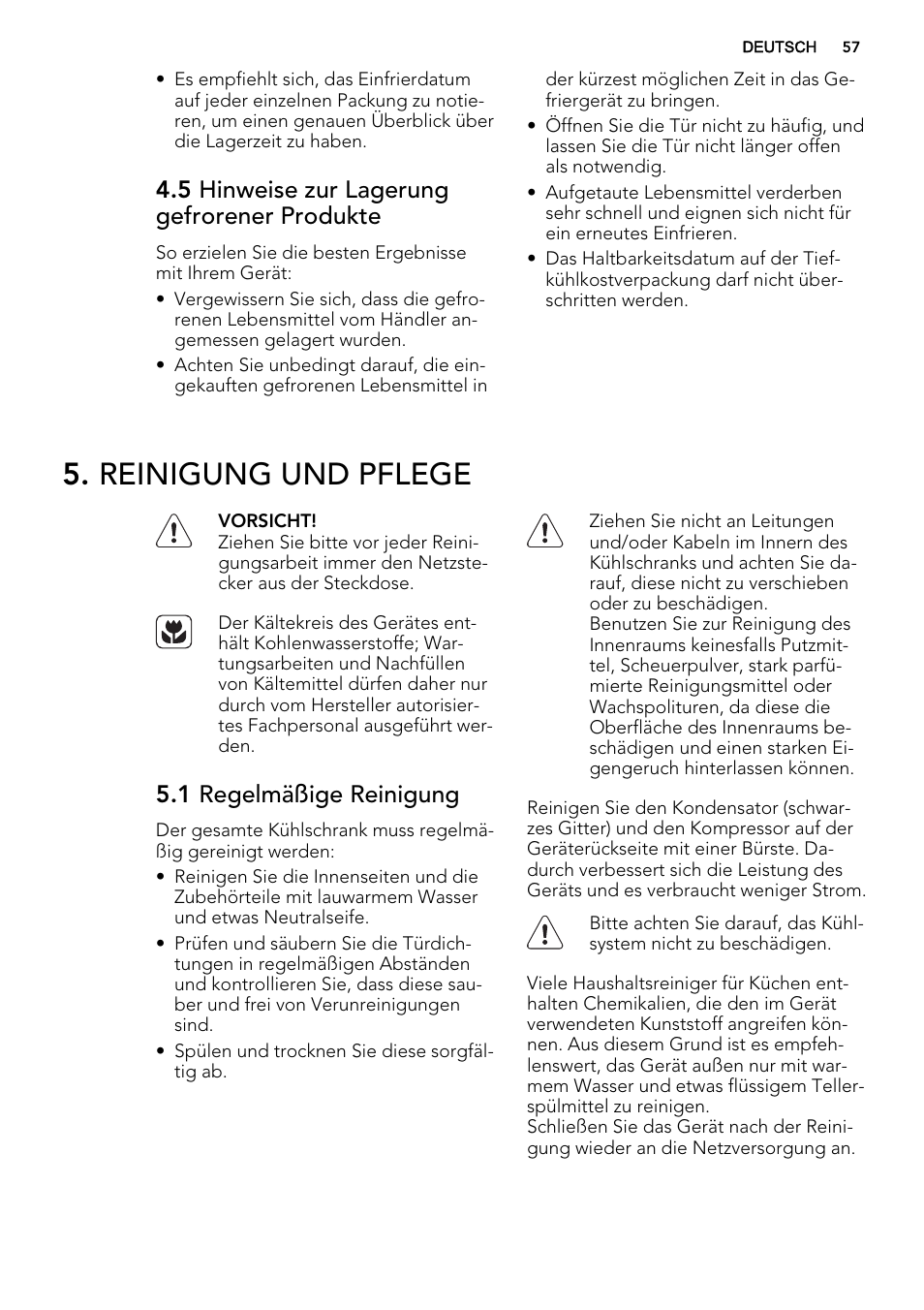 Reinigung und pflege, 5 hinweise zur lagerung gefrorener produkte, 1 regelmäßige reinigung | AEG SKS81040F0 User Manual | Page 57 / 68