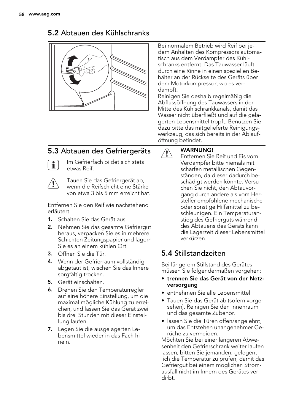 2 abtauen des kühlschranks, 3 abtauen des gefriergeräts, 4 stillstandzeiten | AEG SKS81040F0 User Manual | Page 58 / 68