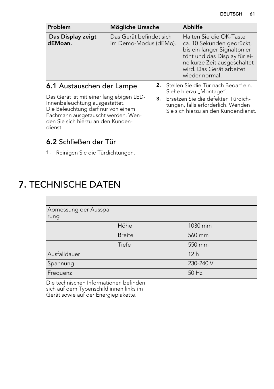 Technische daten, 1 austauschen der lampe, 2 schließen der tür | AEG SKS81040F0 User Manual | Page 61 / 68