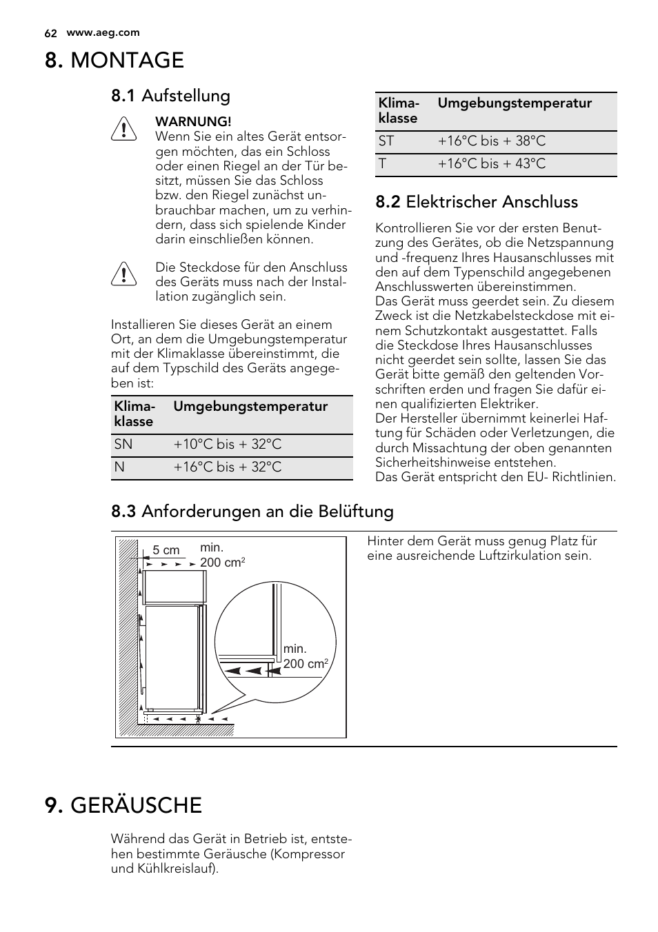 Montage, Geräusche, 1 aufstellung | 2 elektrischer anschluss, 3 anforderungen an die belüftung | AEG SKS81040F0 User Manual | Page 62 / 68