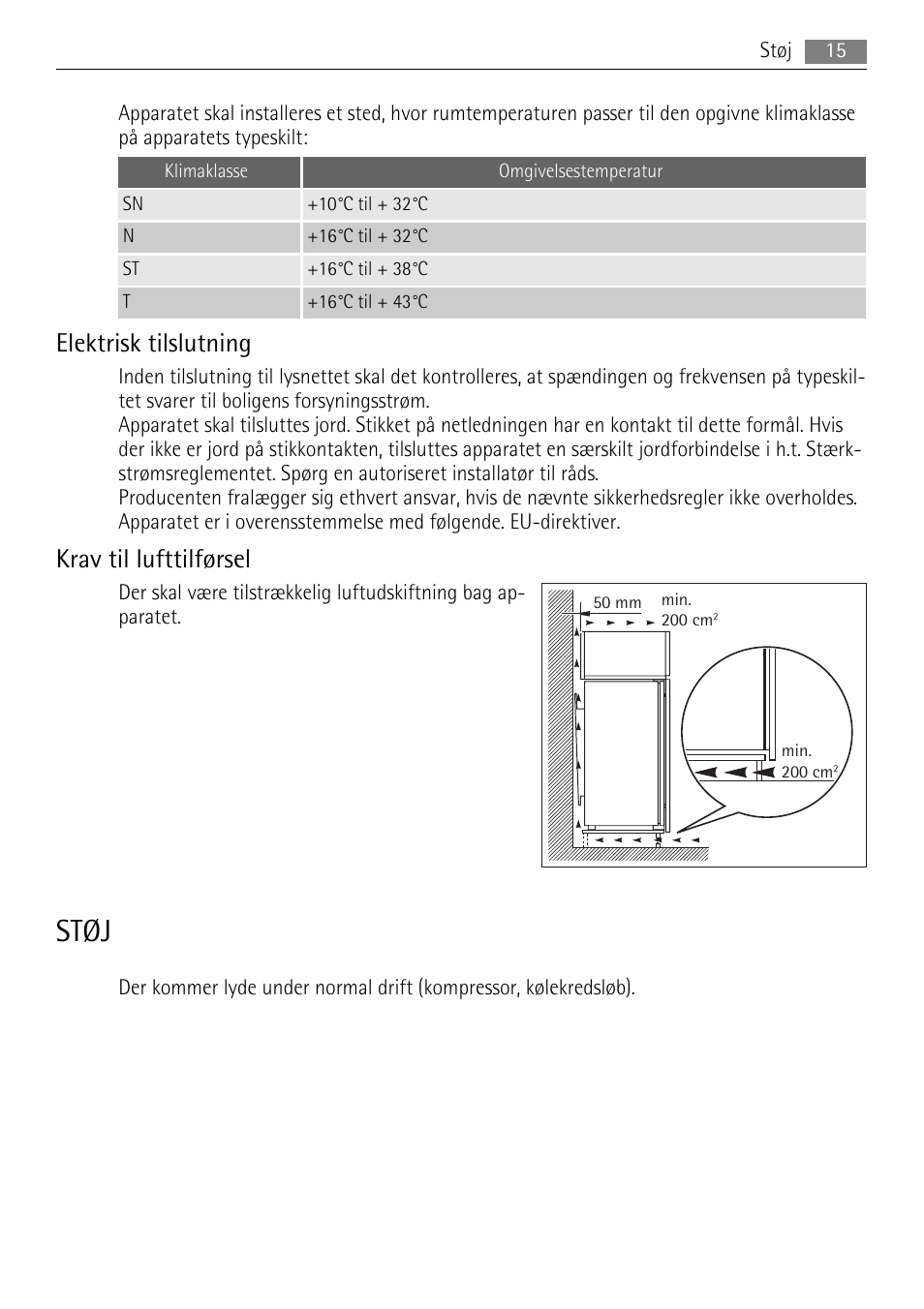 Støj, Elektrisk tilslutning, Krav til lufttilførsel | AEG SKS81000F0 User Manual | Page 15 / 92