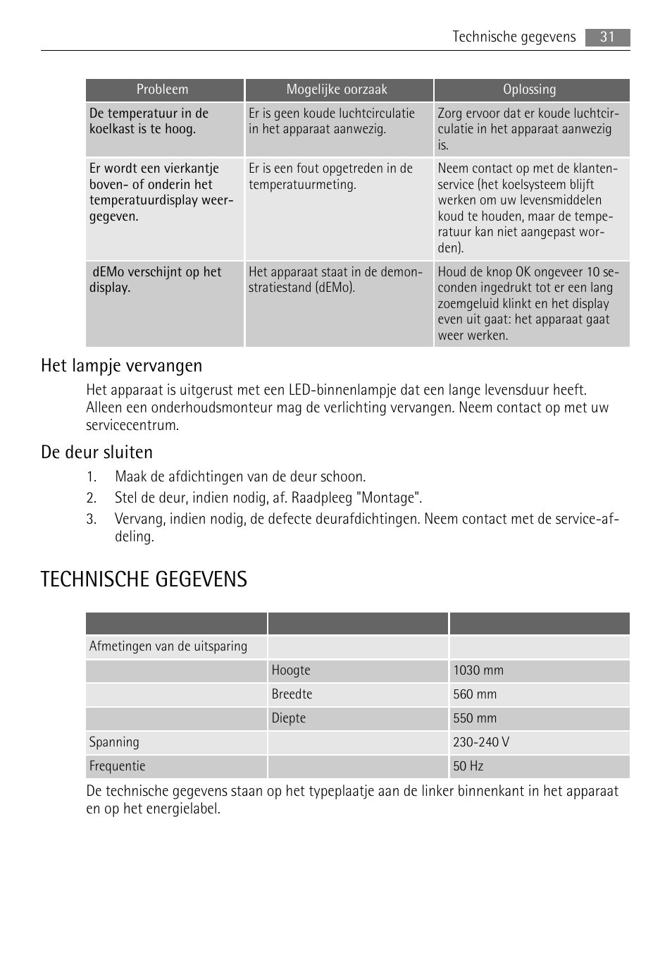 Technische gegevens, Het lampje vervangen, De deur sluiten | AEG SKS81000F0 User Manual | Page 31 / 92