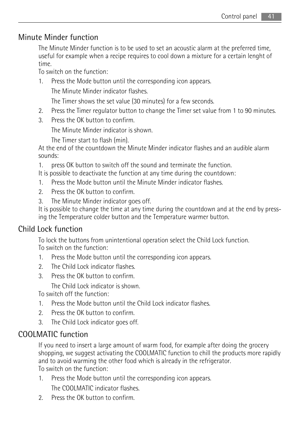 Minute minder function, Child lock function, Coolmatic function | AEG SKS81000F0 User Manual | Page 41 / 92