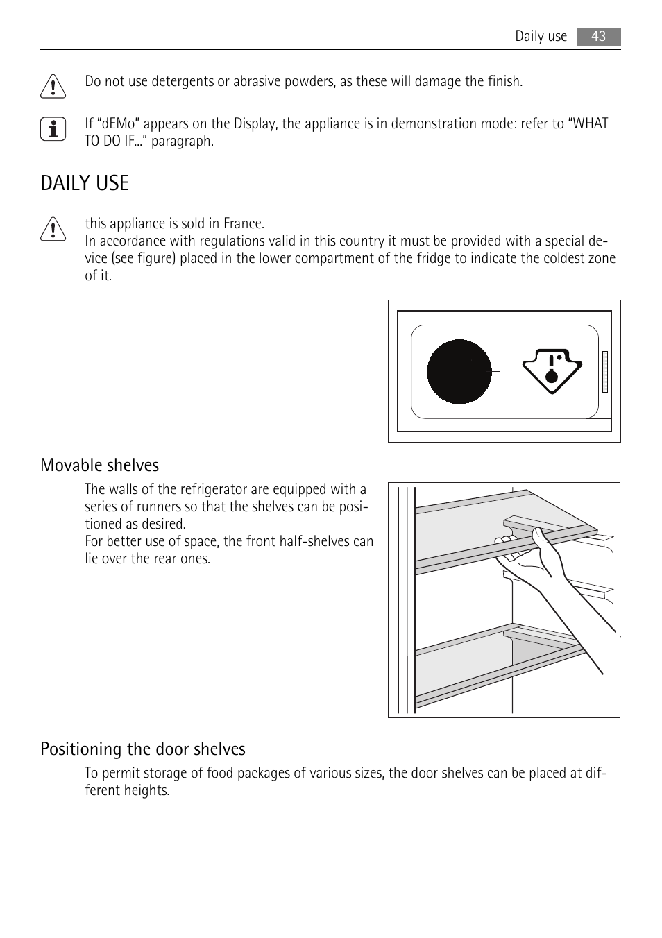 Daily use, Movable shelves, Positioning the door shelves | AEG SKS81000F0 User Manual | Page 43 / 92