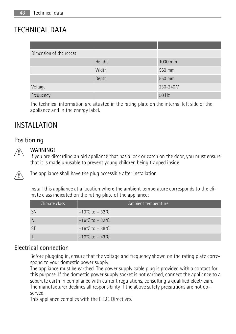 Technical data, Installation, Positioning | Electrical connection | AEG SKS81000F0 User Manual | Page 48 / 92