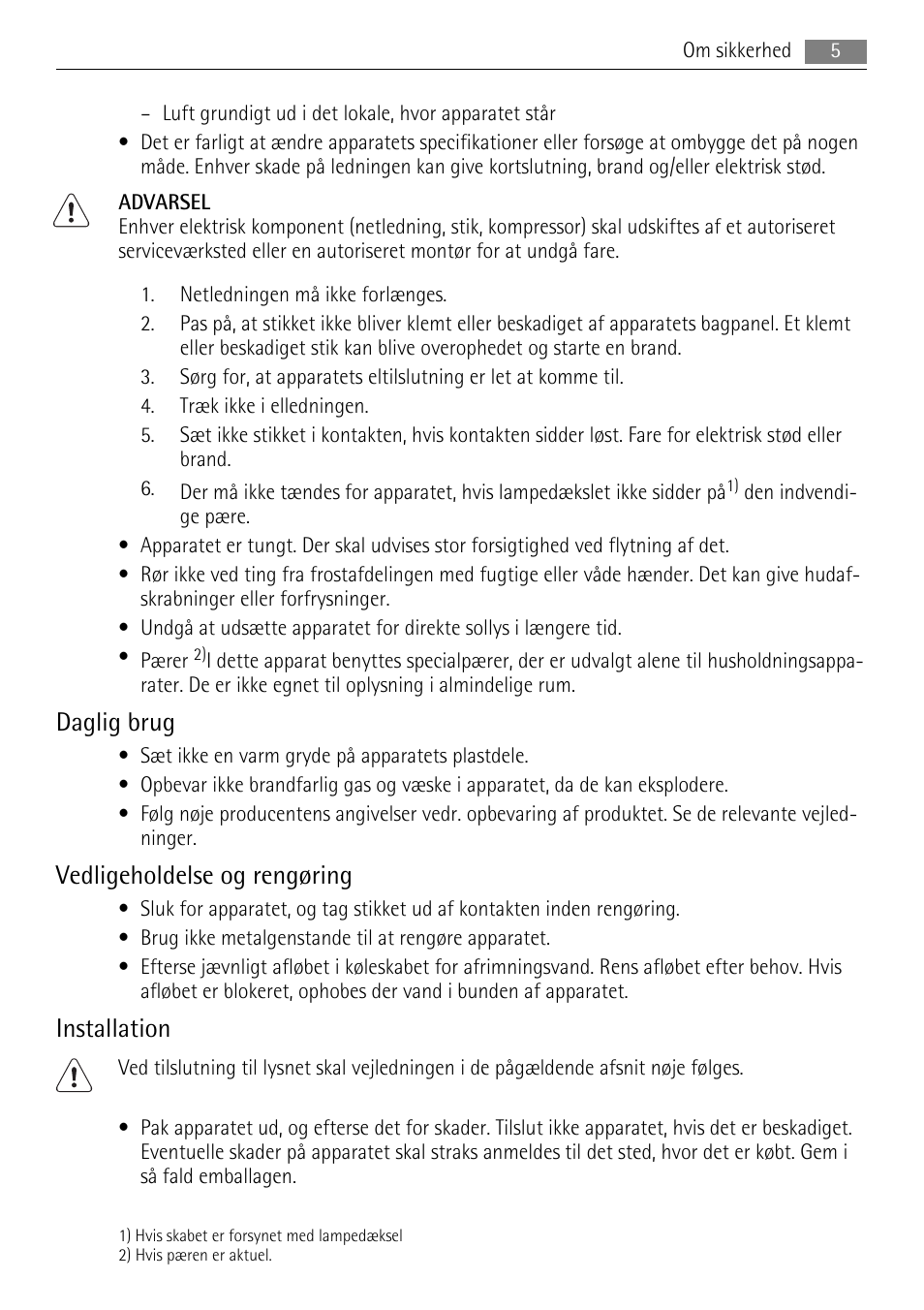 Daglig brug, Vedligeholdelse og rengøring, Installation | AEG SKS81000F0 User Manual | Page 5 / 92