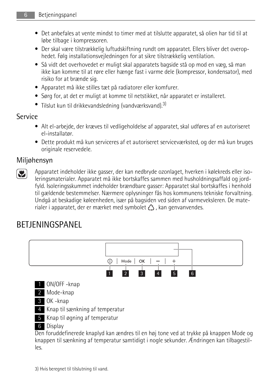 Betjeningspanel, Service, Miljøhensyn | AEG SKS81000F0 User Manual | Page 6 / 92