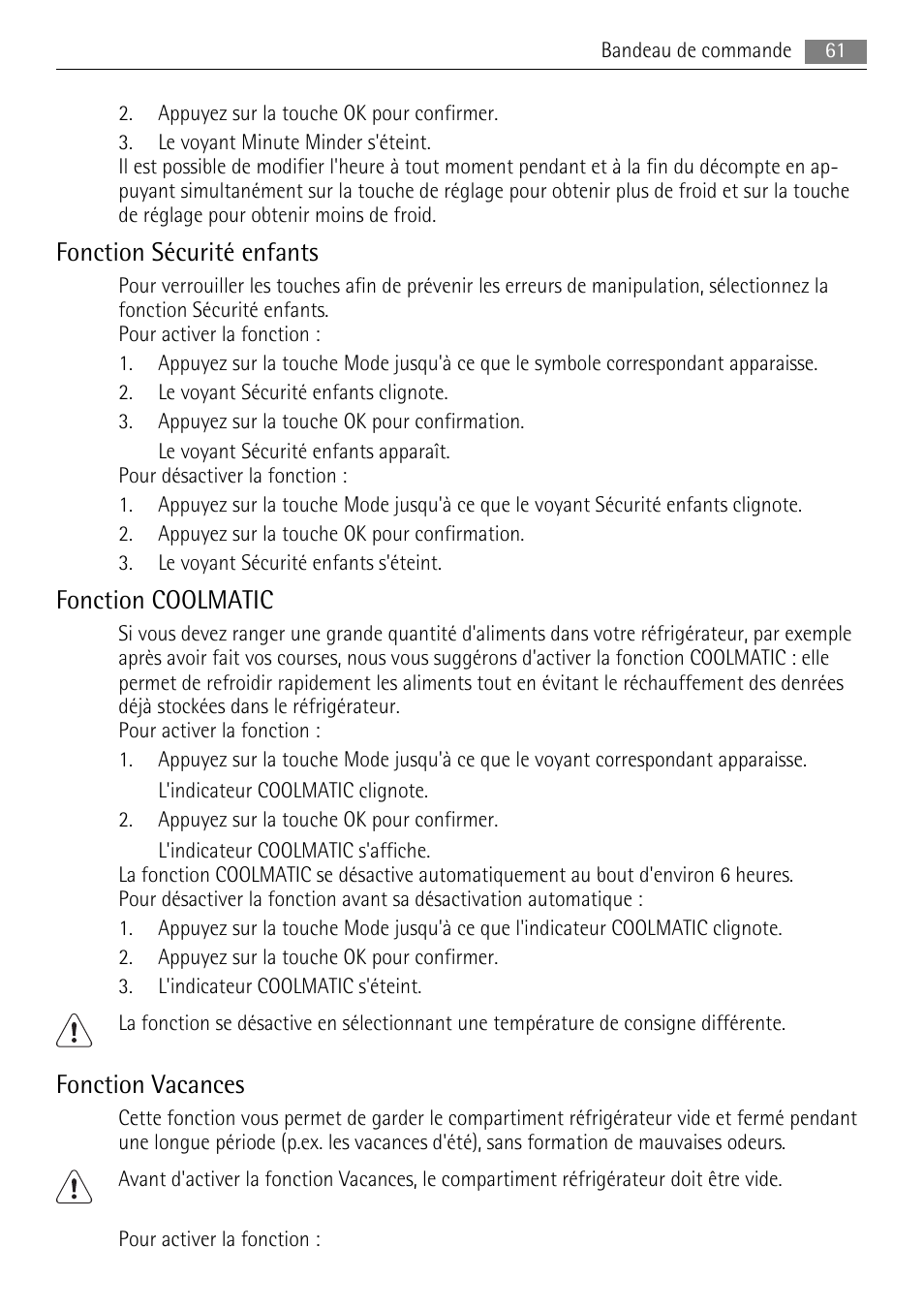 Fonction sécurité enfants, Fonction coolmatic, Fonction vacances | AEG SKS81000F0 User Manual | Page 61 / 92