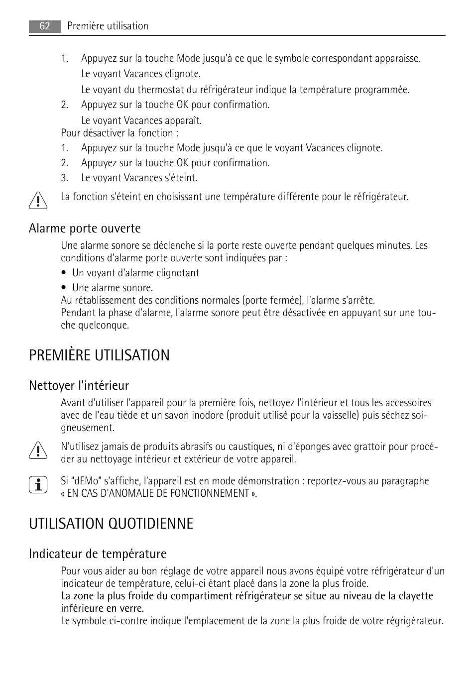 Première utilisation, Utilisation quotidienne, Alarme porte ouverte | Nettoyer l'intérieur, Indicateur de température | AEG SKS81000F0 User Manual | Page 62 / 92