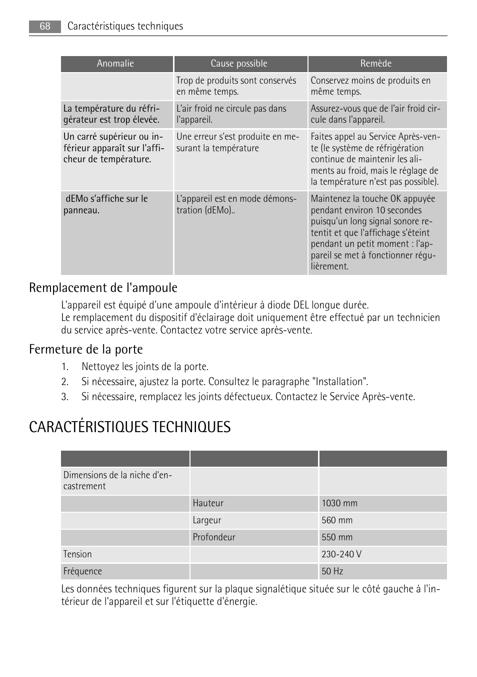 Caractéristiques techniques, Remplacement de l'ampoule, Fermeture de la porte | AEG SKS81000F0 User Manual | Page 68 / 92
