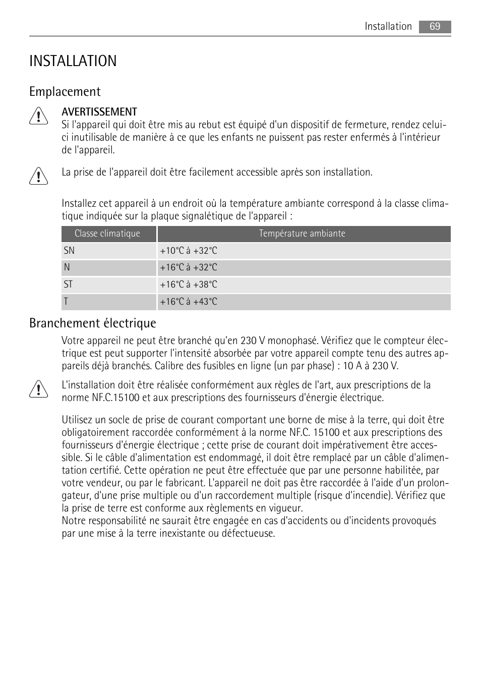 Installation, Emplacement, Branchement électrique | AEG SKS81000F0 User Manual | Page 69 / 92