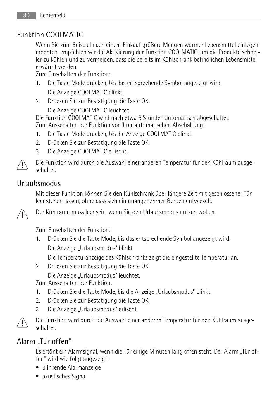 Funktion coolmatic, Urlaubsmodus, Alarm „tür offen | AEG SKS81000F0 User Manual | Page 80 / 92