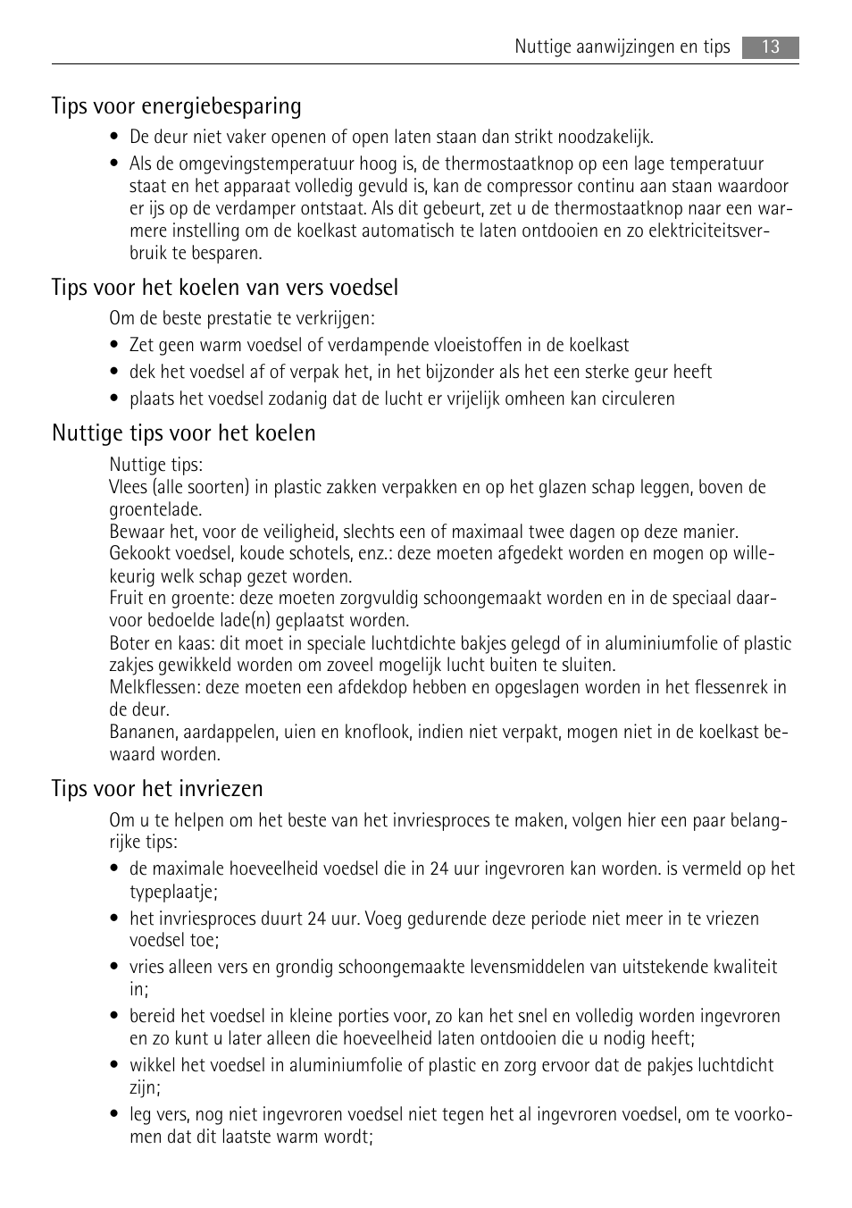 Tips voor energiebesparing, Tips voor het koelen van vers voedsel, Nuttige tips voor het koelen | Tips voor het invriezen | AEG SKS68848F0 User Manual | Page 13 / 84