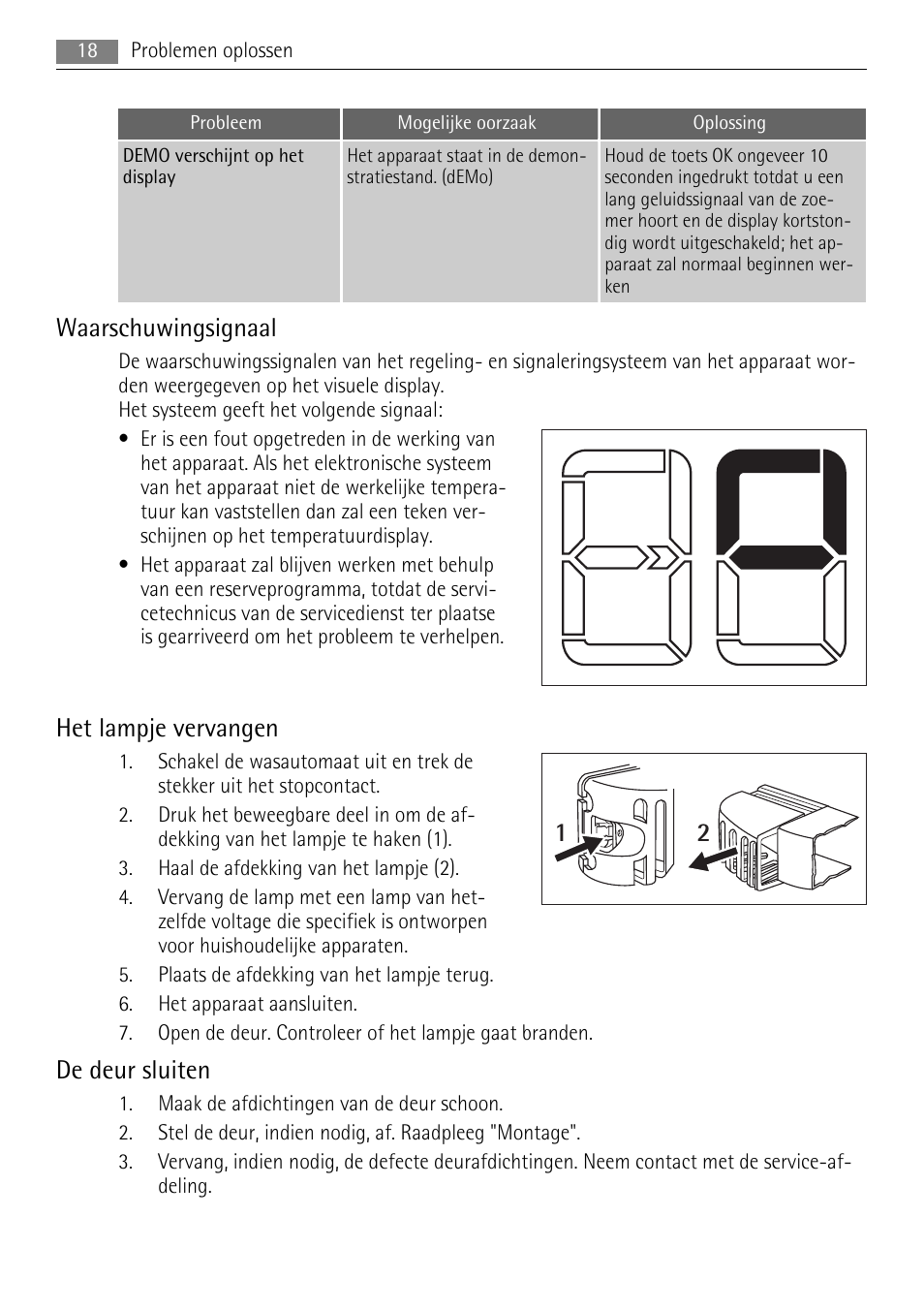 Waarschuwingsignaal, Het lampje vervangen, De deur sluiten | AEG SKS68848F0 User Manual | Page 18 / 84