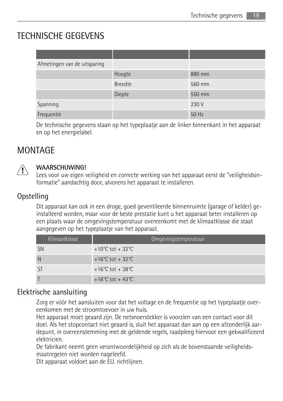 Technische gegevens, Montage, Opstelling | Elektrische aansluiting | AEG SKS68848F0 User Manual | Page 19 / 84