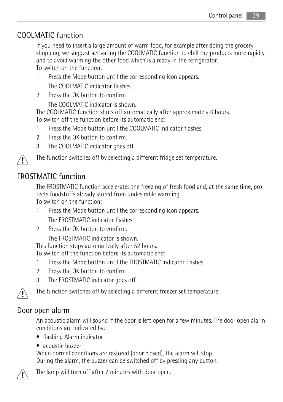 Coolmatic function, Frostmatic function, Door open alarm | AEG SKS68848F0 User Manual | Page 29 / 84