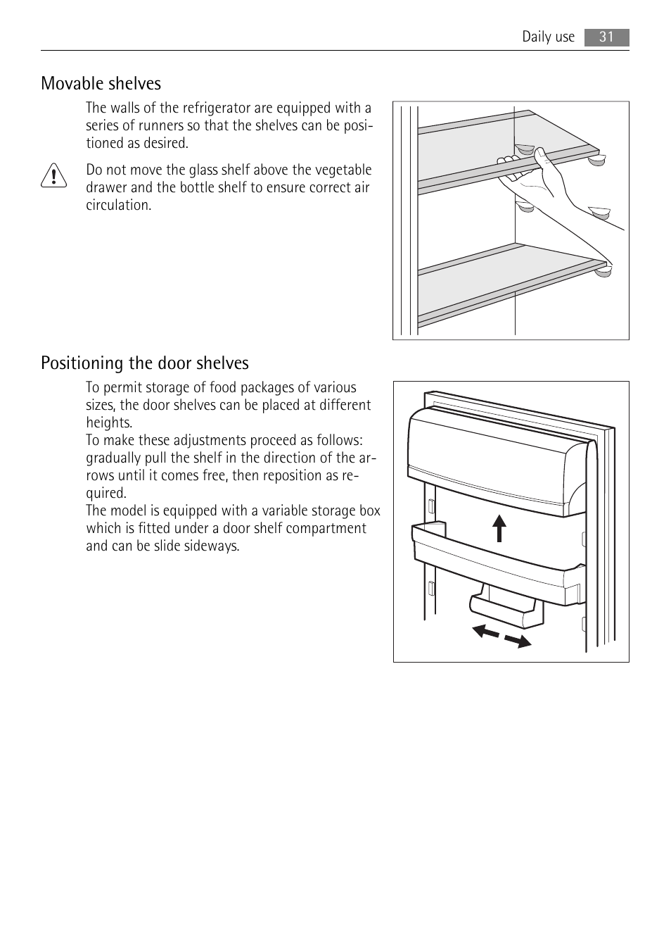 Movable shelves, Positioning the door shelves | AEG SKS68848F0 User Manual | Page 31 / 84