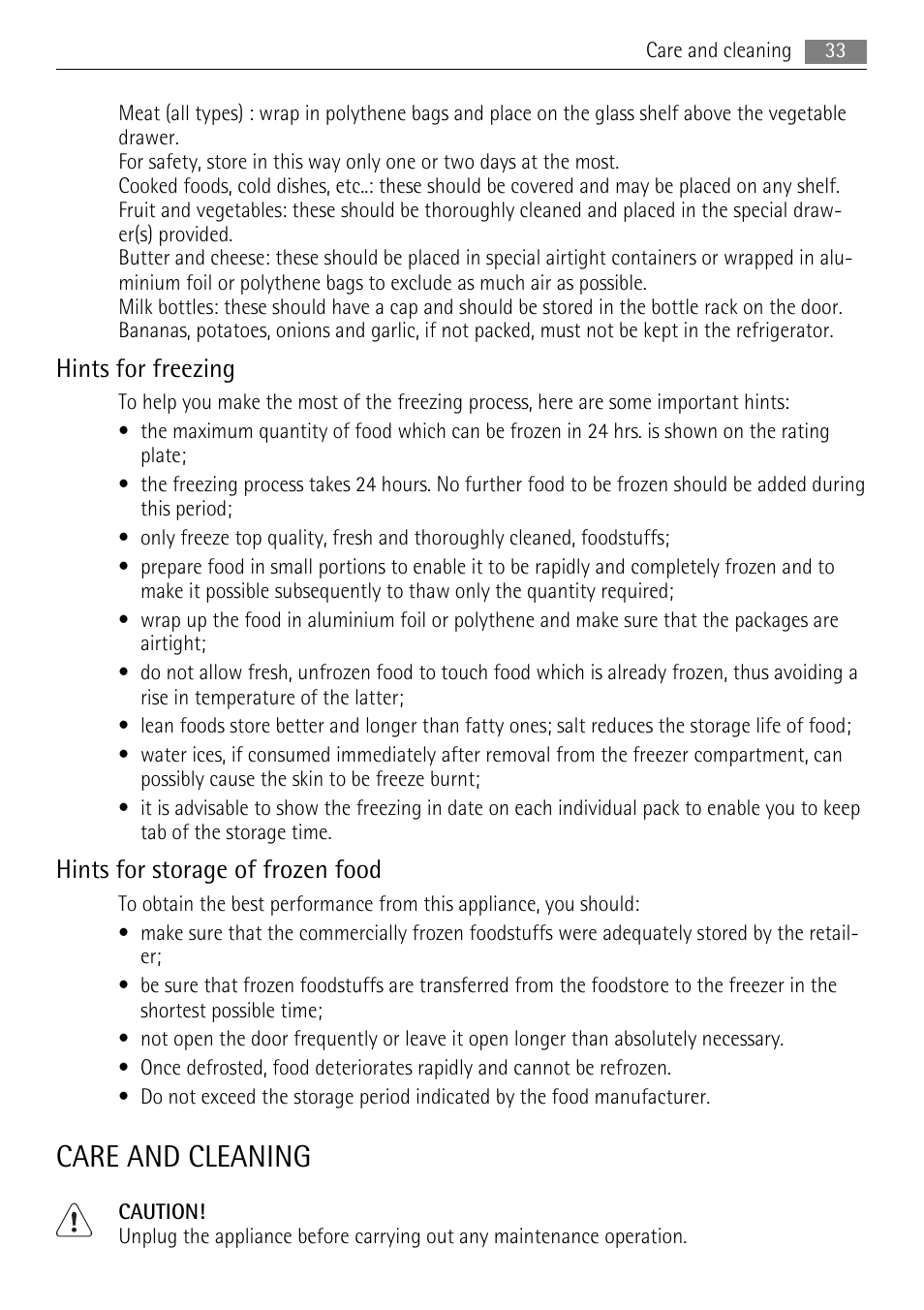 Care and cleaning, Hints for freezing, Hints for storage of frozen food | AEG SKS68848F0 User Manual | Page 33 / 84