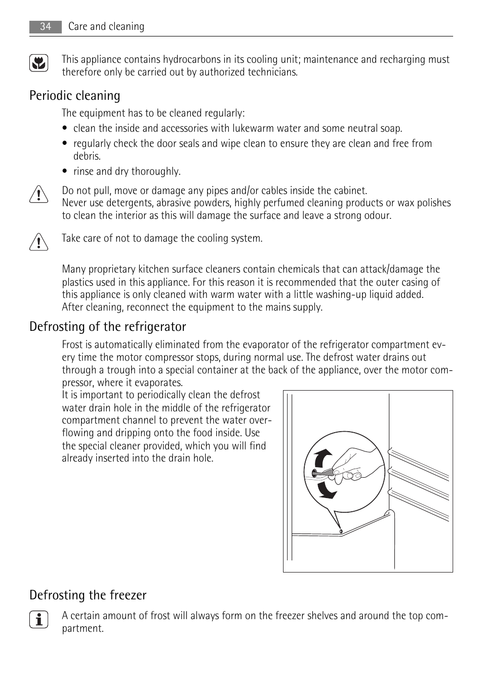 Periodic cleaning, Defrosting of the refrigerator, Defrosting the freezer | AEG SKS68848F0 User Manual | Page 34 / 84