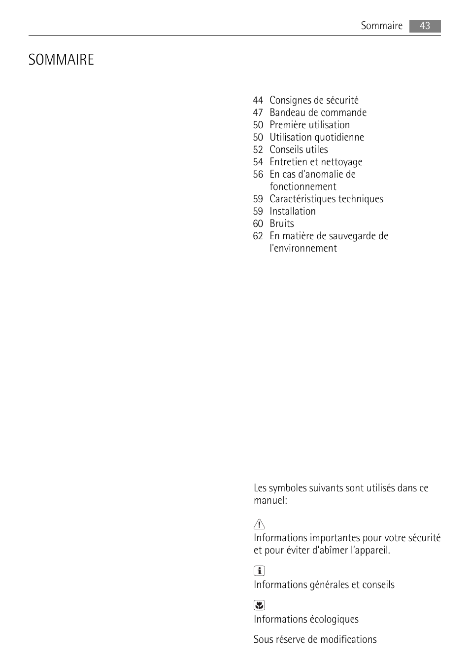 Sommaire | AEG SKS68848F0 User Manual | Page 43 / 84