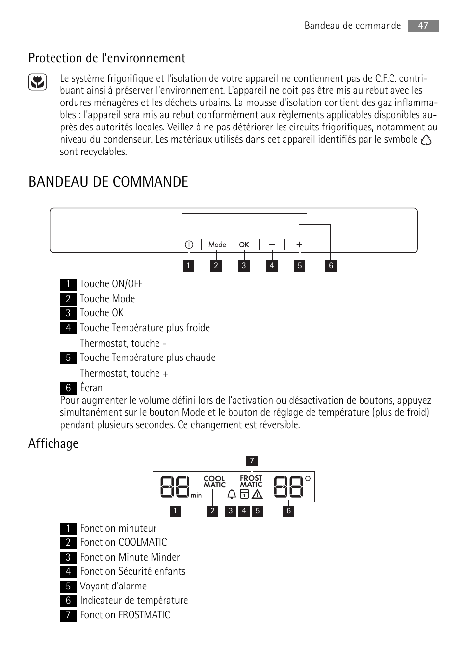 Bandeau de commande, Protection de l'environnement, Affichage | AEG SKS68848F0 User Manual | Page 47 / 84