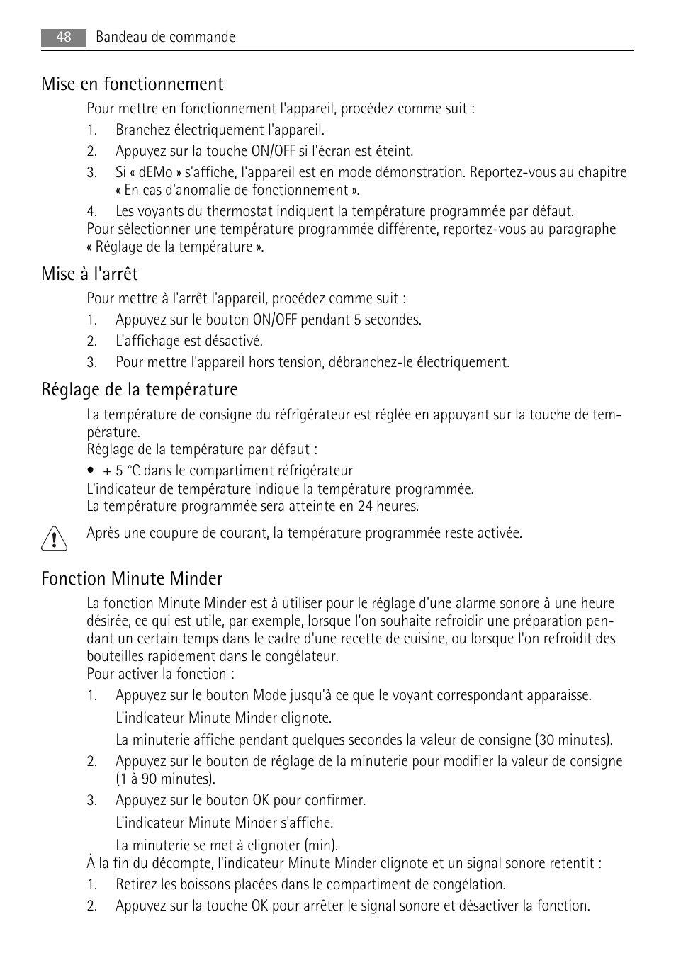 Mise en fonctionnement, Mise à l'arrêt, Réglage de la température | Fonction minute minder | AEG SKS68848F0 User Manual | Page 48 / 84