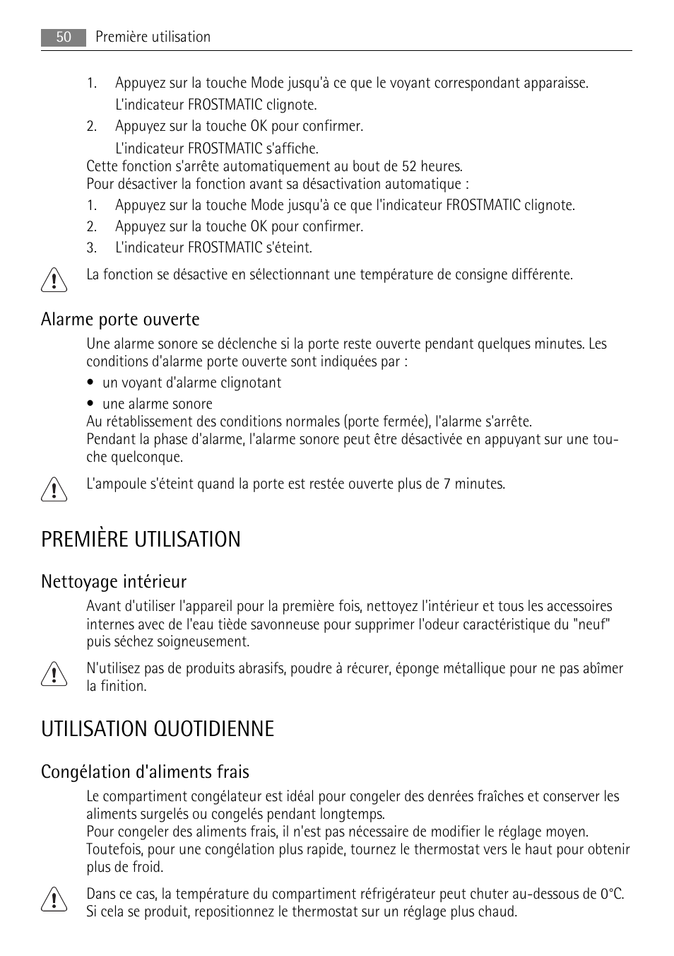Première utilisation, Utilisation quotidienne, Alarme porte ouverte | Nettoyage intérieur, Congélation d'aliments frais | AEG SKS68848F0 User Manual | Page 50 / 84