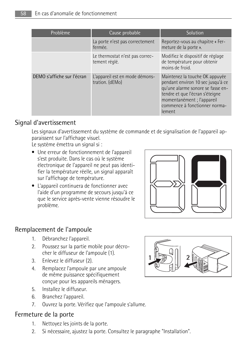 Signal d'avertissement, Remplacement de l'ampoule, Fermeture de la porte | AEG SKS68848F0 User Manual | Page 58 / 84