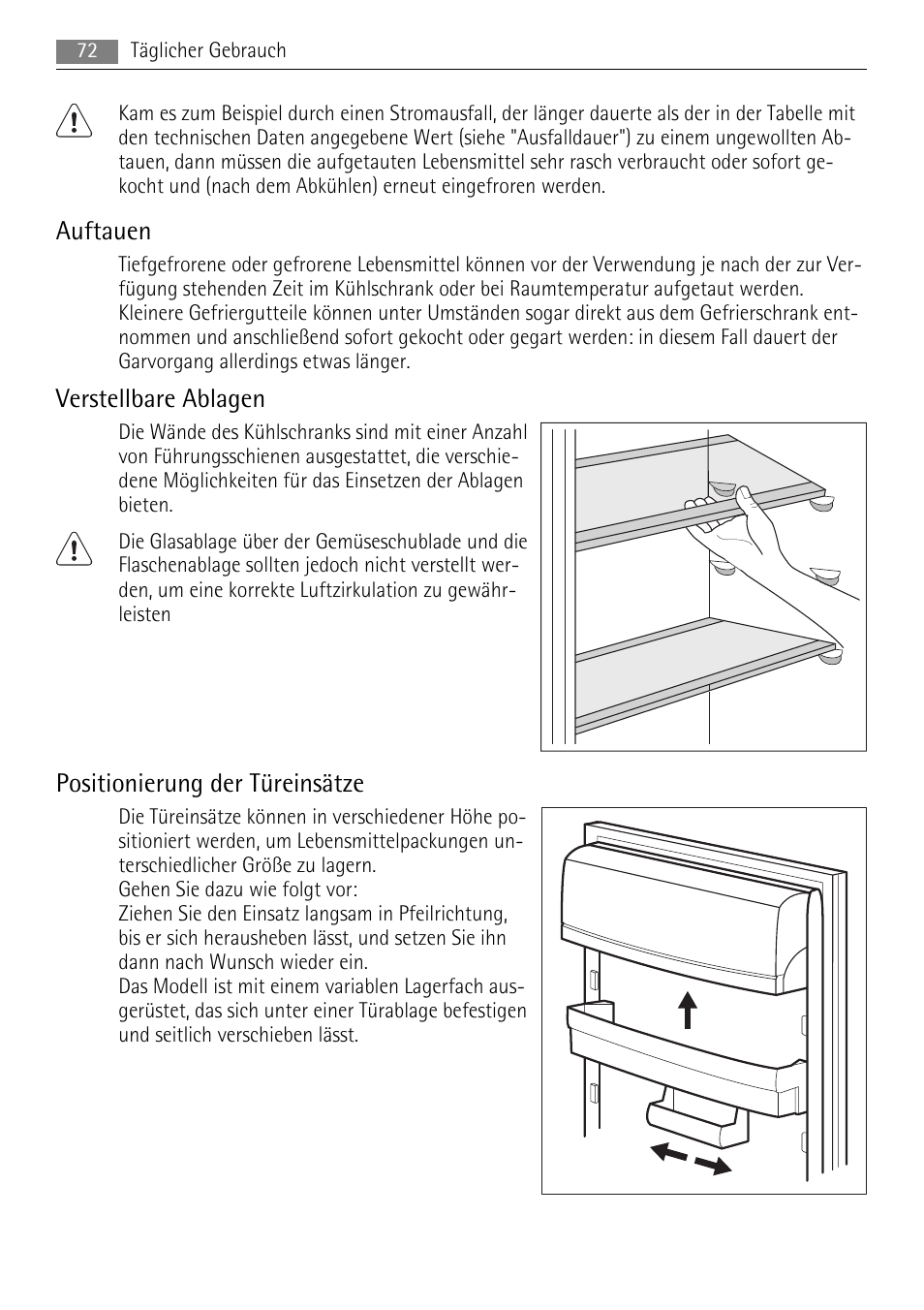 Auftauen, Verstellbare ablagen, Positionierung der türeinsätze | AEG SKS68848F0 User Manual | Page 72 / 84