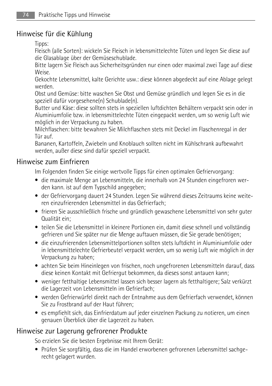 Hinweise für die kühlung, Hinweise zum einfrieren, Hinweise zur lagerung gefrorener produkte | AEG SKS68848F0 User Manual | Page 74 / 84
