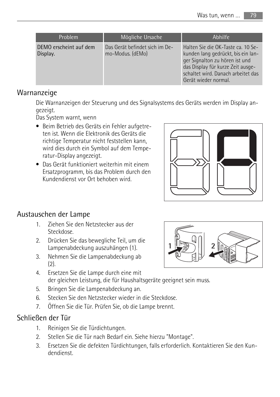 Warnanzeige, Austauschen der lampe, Schließen der tür | AEG SKS68848F0 User Manual | Page 79 / 84