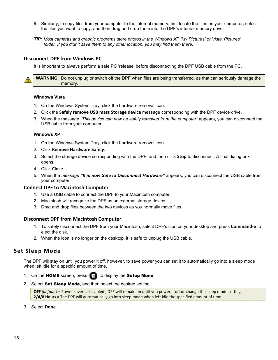 Set sleep mode | HP df1010p1 Rahmen für Digitalbilder User Manual | Page 16 / 20