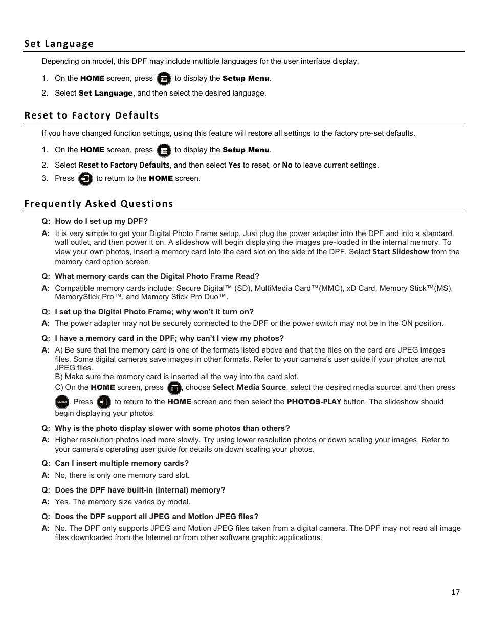 Set language, Reset to factory defaults, Frequently asked questions | HP df1010p1 Rahmen für Digitalbilder User Manual | Page 17 / 20