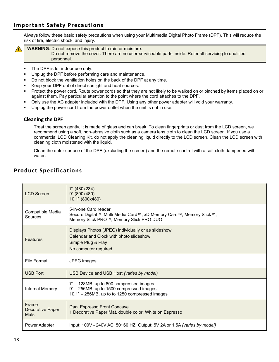 Important safety preca utions, Product specifications | HP df1010p1 Rahmen für Digitalbilder User Manual | Page 18 / 20