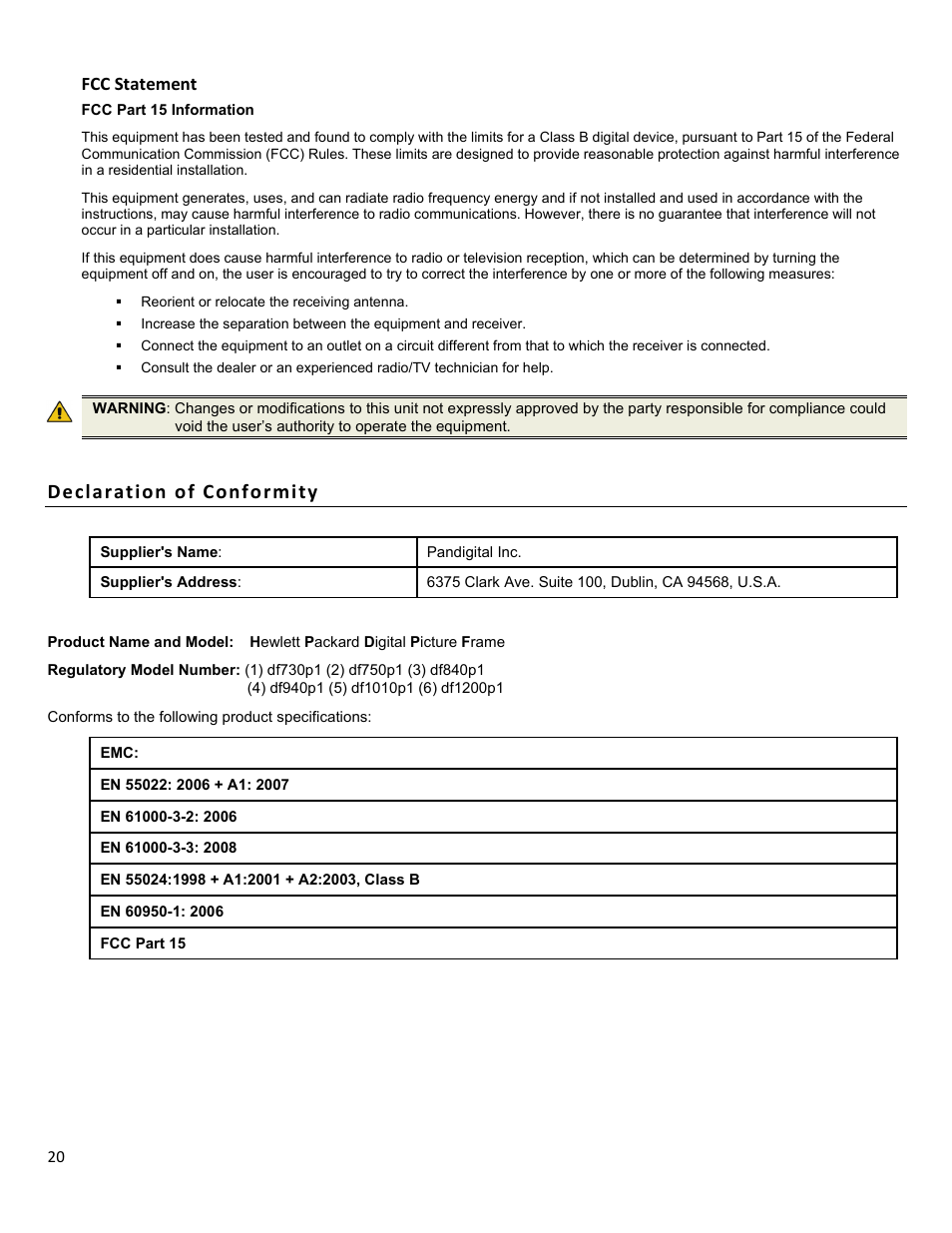 Declaration of conformity | HP df1010p1 Rahmen für Digitalbilder User Manual | Page 20 / 20