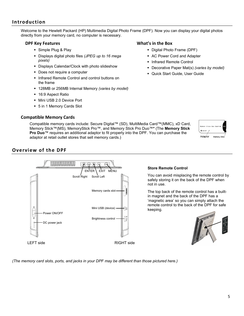 Introduction, Overview of the dpf | HP df1010p1 Rahmen für Digitalbilder User Manual | Page 5 / 20