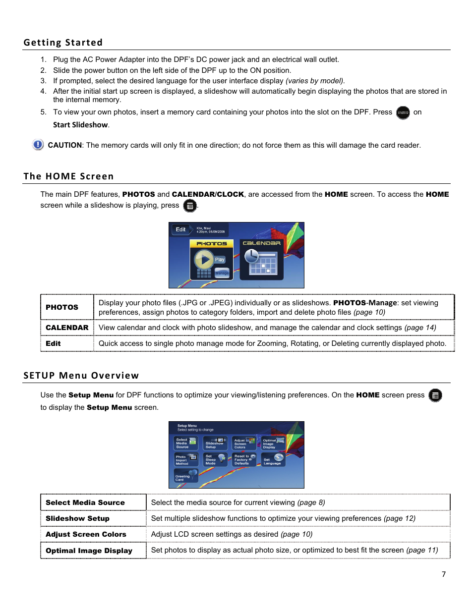 Getting started, The home screen, Setup menu overview | HP df1010p1 Rahmen für Digitalbilder User Manual | Page 7 / 20