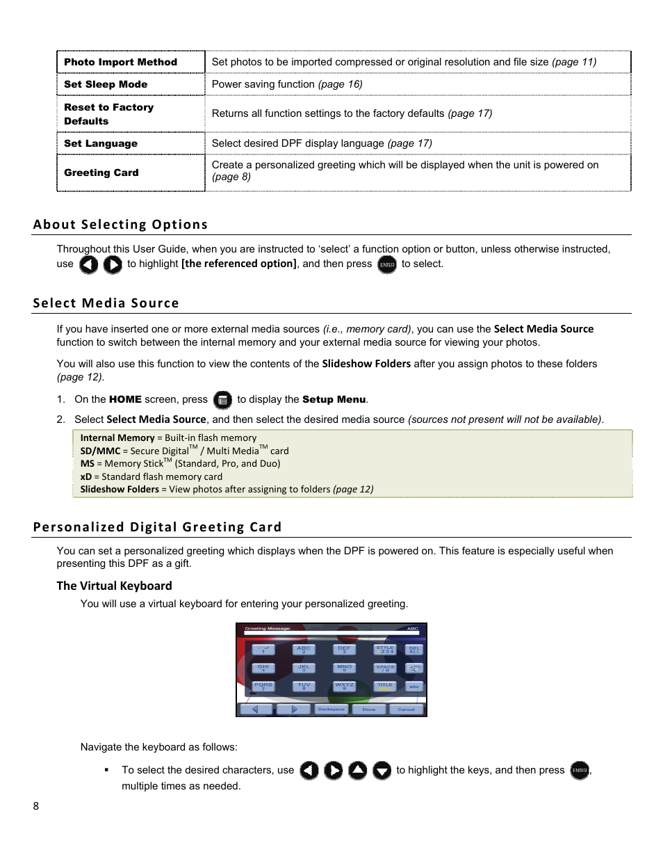 About selecting options, Select media source, Personalized digital greeting card | HP df1010p1 Rahmen für Digitalbilder User Manual | Page 8 / 20