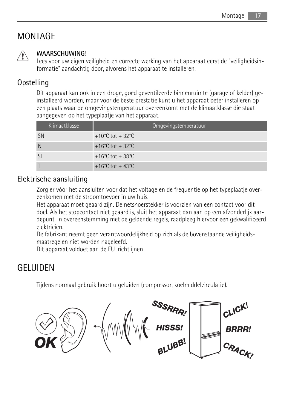 Montage, Geluiden, Opstelling | Elektrische aansluiting | AEG SKS68808F0 User Manual | Page 17 / 76