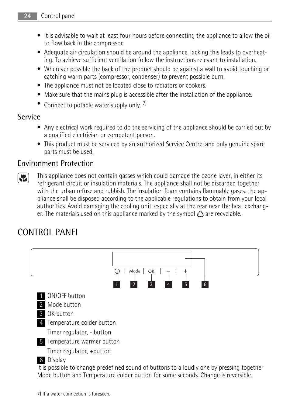 Control panel, Service, Environment protection | AEG SKS68808F0 User Manual | Page 24 / 76