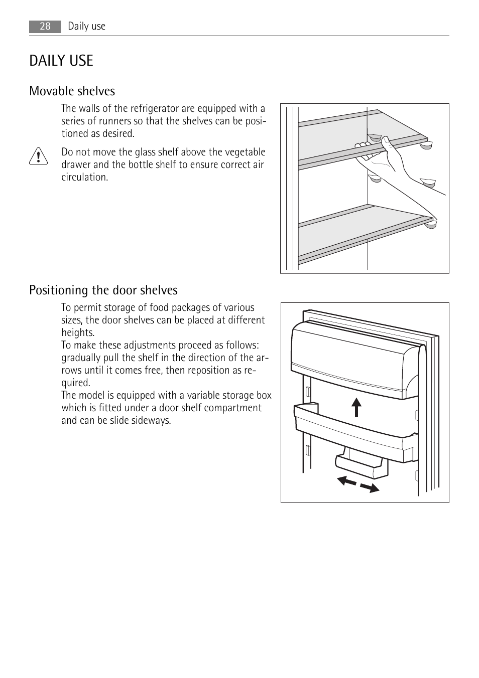 Daily use, Movable shelves, Positioning the door shelves | AEG SKS68808F0 User Manual | Page 28 / 76