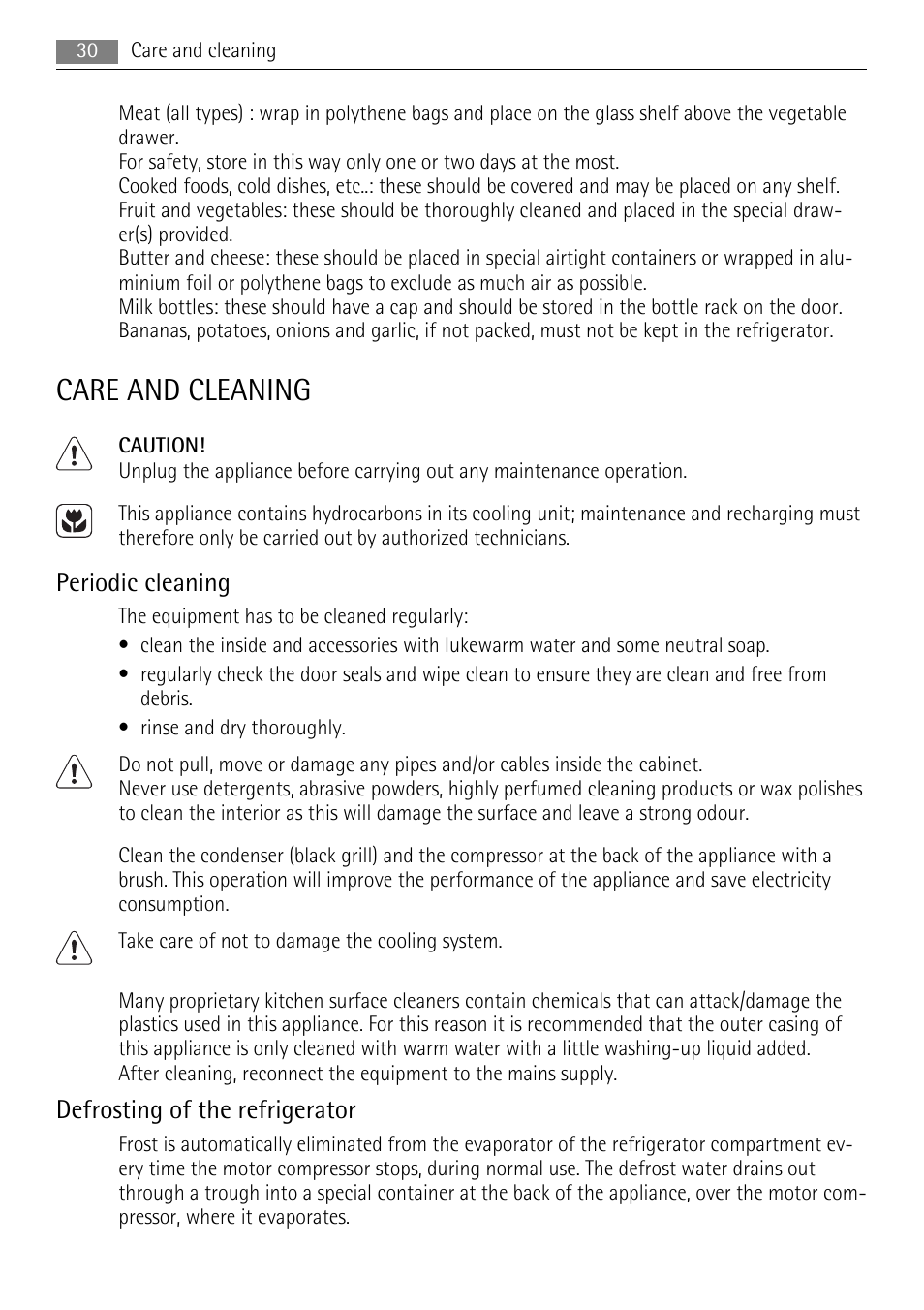 Care and cleaning, Periodic cleaning, Defrosting of the refrigerator | AEG SKS68808F0 User Manual | Page 30 / 76