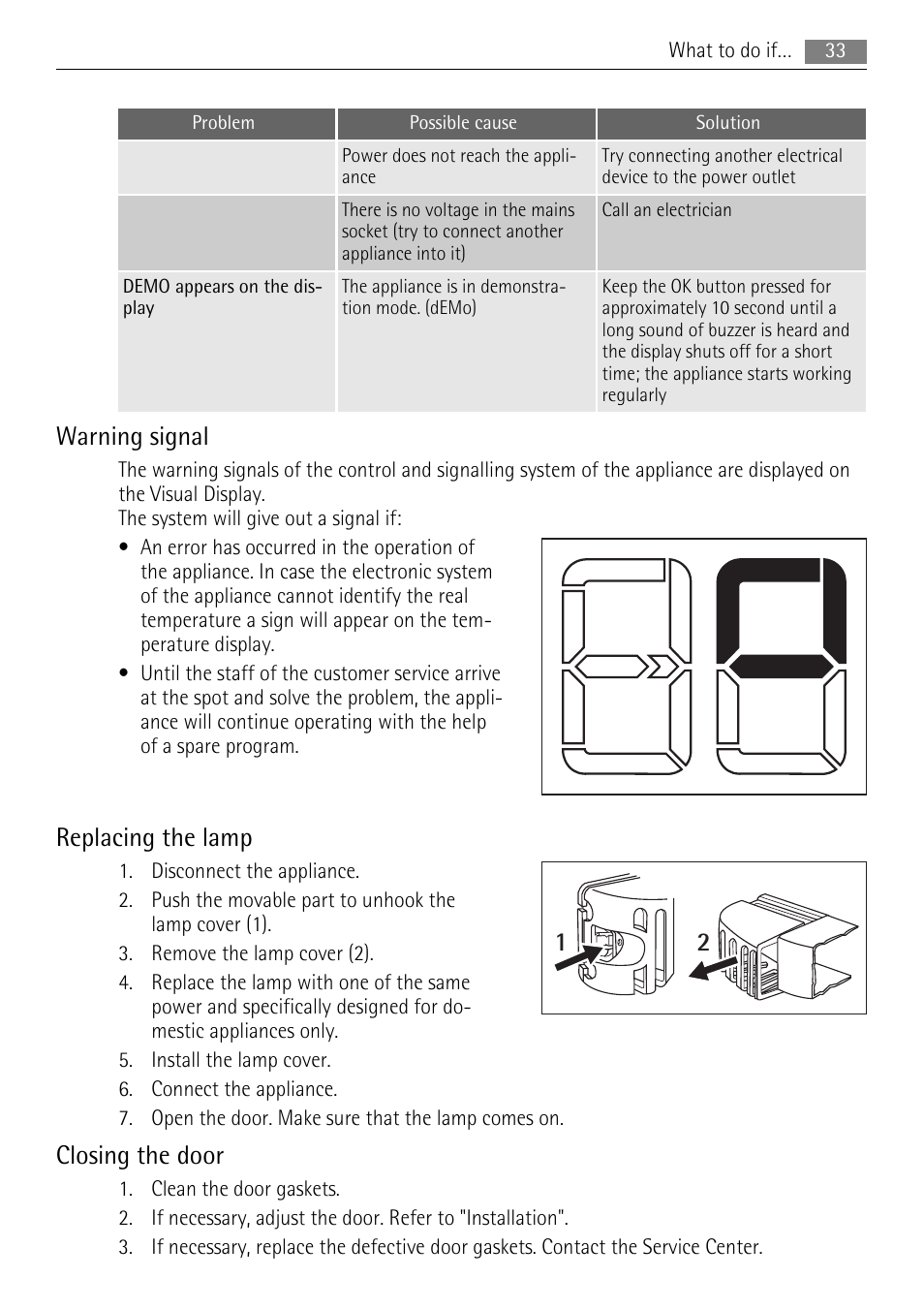 Warning signal, Replacing the lamp, Closing the door | AEG SKS68808F0 User Manual | Page 33 / 76