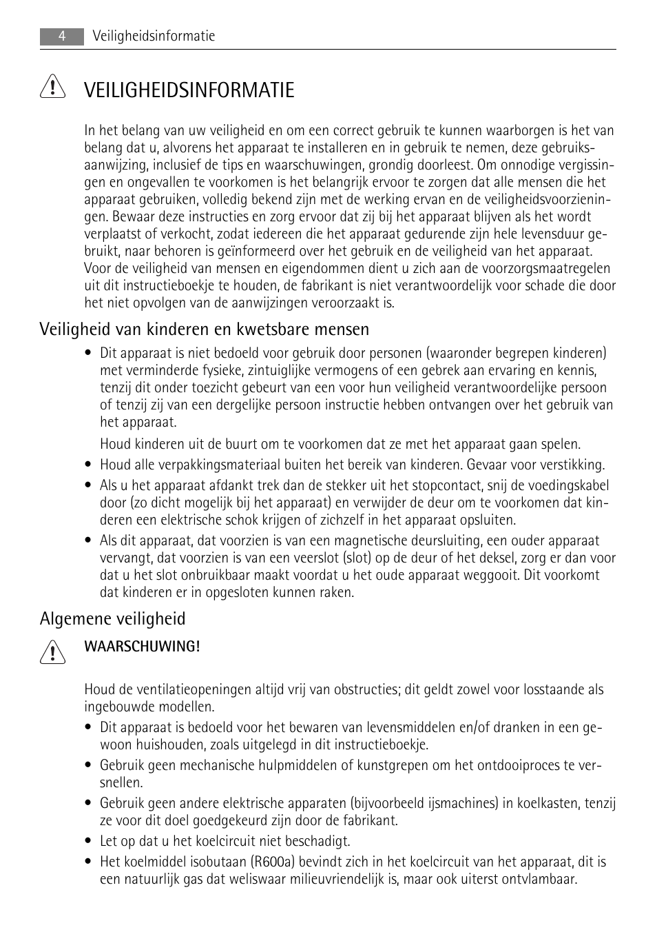 Veiligheidsinformatie, Veiligheid van kinderen en kwetsbare mensen, Algemene veiligheid | AEG SKS68808F0 User Manual | Page 4 / 76