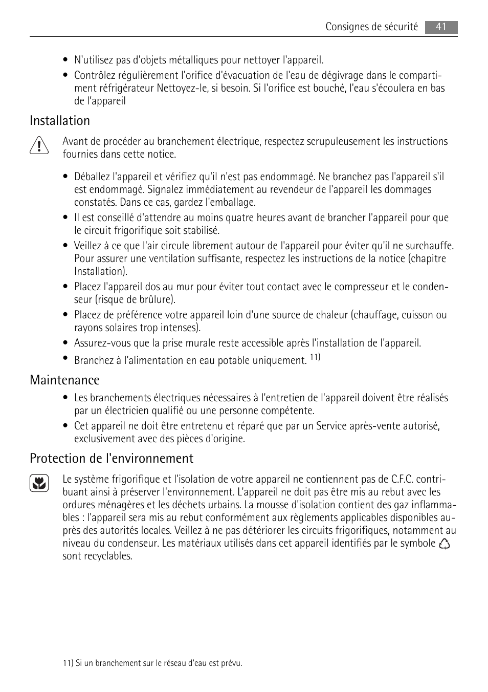 Installation, Maintenance, Protection de l'environnement | AEG SKS68808F0 User Manual | Page 41 / 76