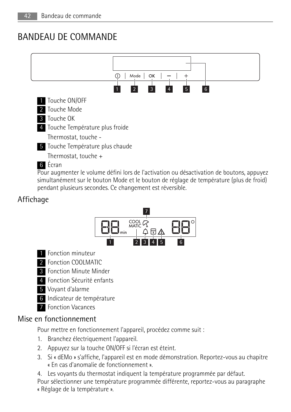 Bandeau de commande, Affichage, Mise en fonctionnement | AEG SKS68808F0 User Manual | Page 42 / 76