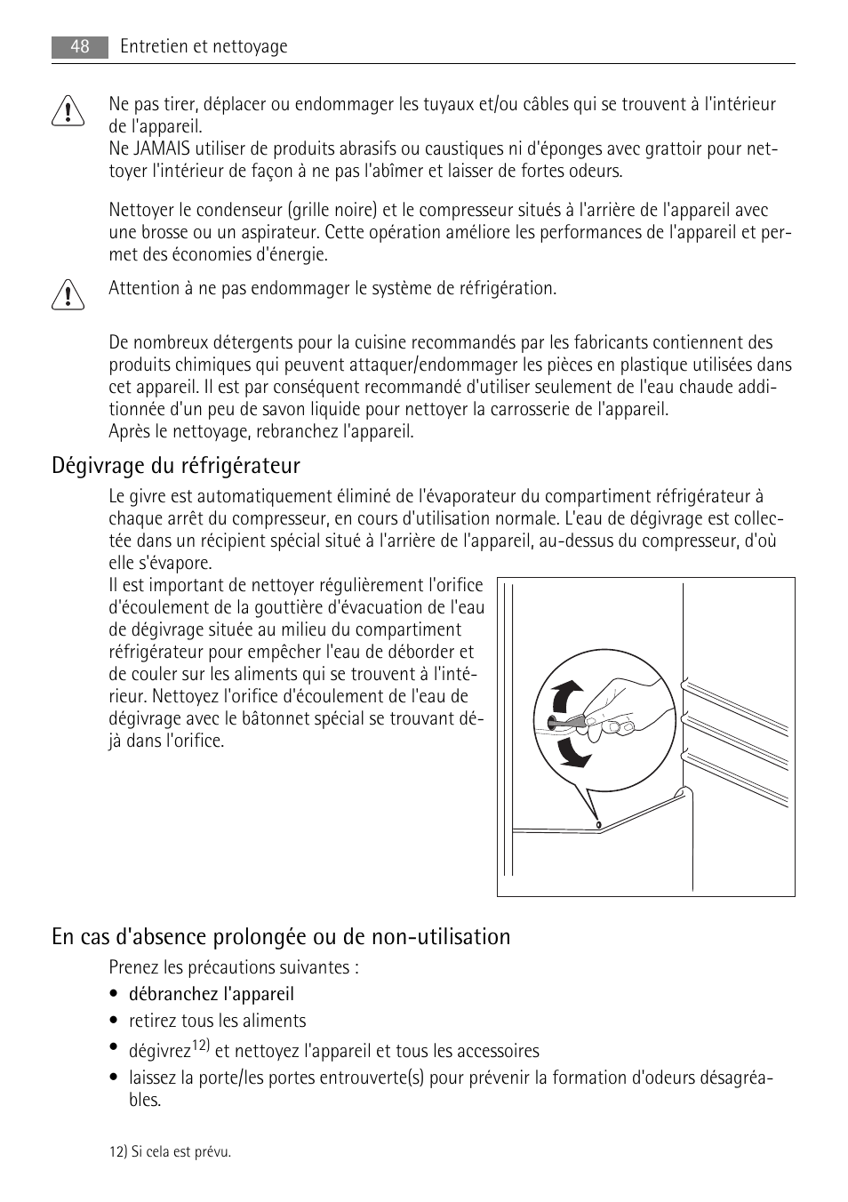 Dégivrage du réfrigérateur, En cas d'absence prolongée ou de non-utilisation | AEG SKS68808F0 User Manual | Page 48 / 76