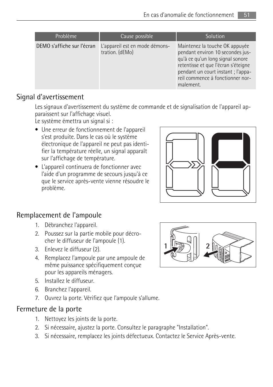 Signal d'avertissement, Remplacement de l'ampoule, Fermeture de la porte | AEG SKS68808F0 User Manual | Page 51 / 76