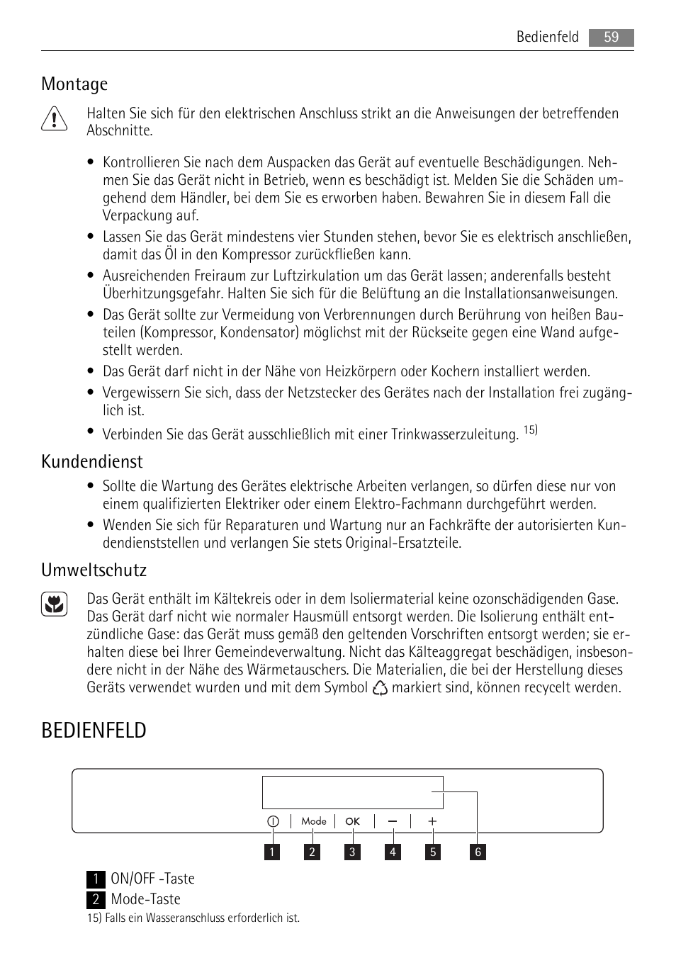 Bedienfeld, Montage, Kundendienst | Umweltschutz | AEG SKS68808F0 User Manual | Page 59 / 76